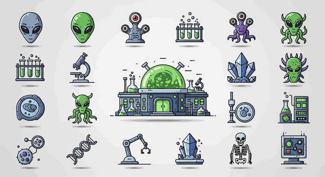 Alien Science Lab & Sci-Fi Icons: UFO, DNA, Robot Arm, Microscope, Crystals