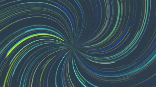 Abstract spiral neon light lines background loop. Futuristic glowing neon streaks twirling in dark space. Motion graphics elements for vj, stage decoration.
