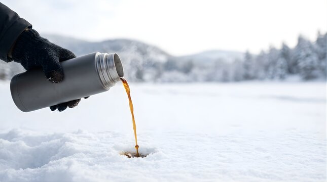 Hand pouring hot coffee from a thermos bottle into the snow outdoors