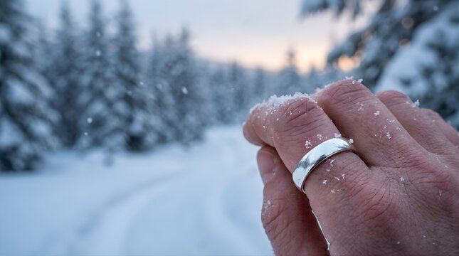 Hand wearing a silver ring covered in fresh snowflakes during winter