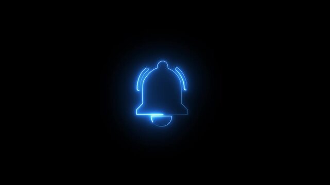 Glowing neon notification bell icon animated on a black background. Neon bell icon. 4kvideo