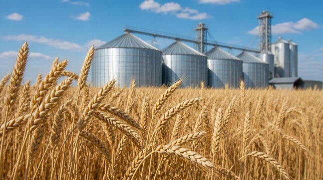 A wheat in a field with grain silos in the background.