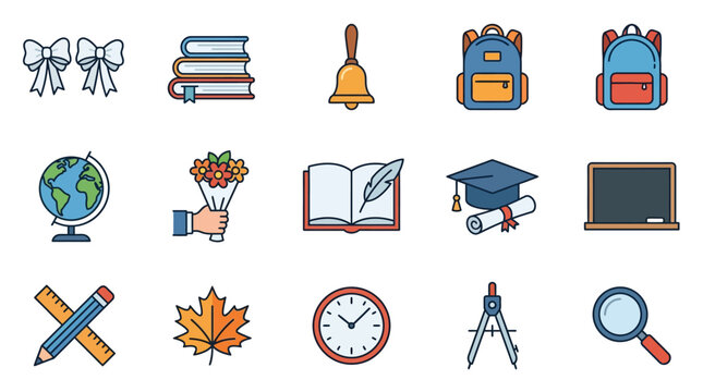Colorful educational icons depicting learning tools