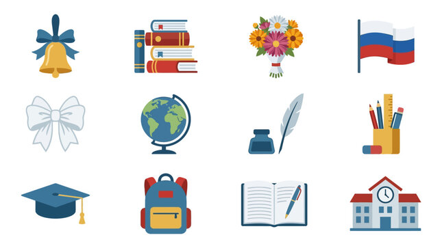 Colorful educational icons representing school elements