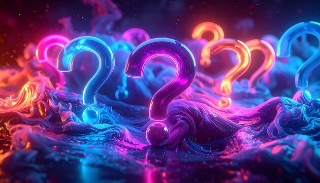 Glowing question marks rise from a swirling, textured surface with vibrant pink, blue, and orange neon highlights