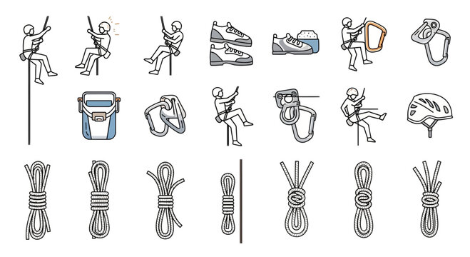 Climbing Equipment and Gear Icons: Rappelling, Knots, Carabiners, Shoes, Helmet
