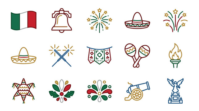 Colorful festive icons representing Mexican culture