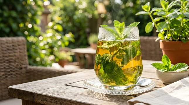 A refreshing glass of hot mint tea on a wooden table in a garden
