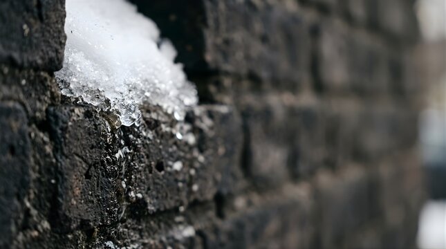 Melting white snow and ice on a textured dark brick wall surface outdoors