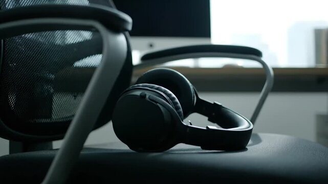 Black wireless headphones resting on an office chair in a bright workspace.