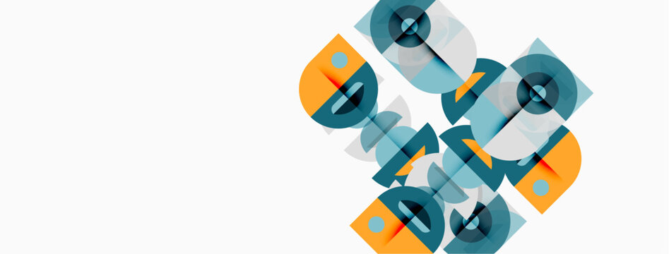 Abstract design features overlapping rounded rectangles, orange, teal, gray. Minimalist composition on white background. Simple geometric shapes present.