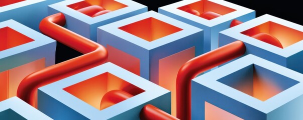 Fototapeta premium Abstract 3D render of interconnected cubes and red pipes forming a geometric lattice network