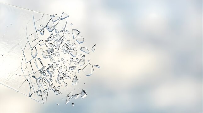 Shattered glass fragments exploding against a soft bright blurred background