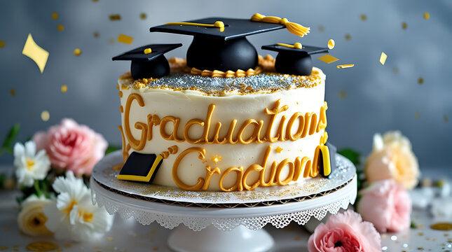 Graduation celebration cake with cap and diploma decoration on transparent background