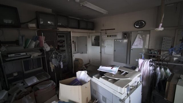 Slow pan across a cluttered, abandoned office interior in Fukushima, Japan.