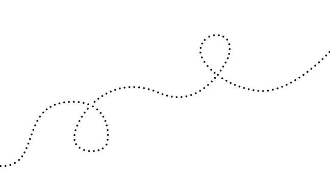 Minimalist dotted line path with loops, black dashed trail on white background, simple geometric flight route or movement map element