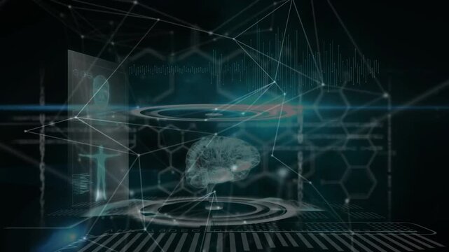 Futuristic medical technology HUD interface with 3D human brain scanning and glowing digital data network plexus motion graphic background