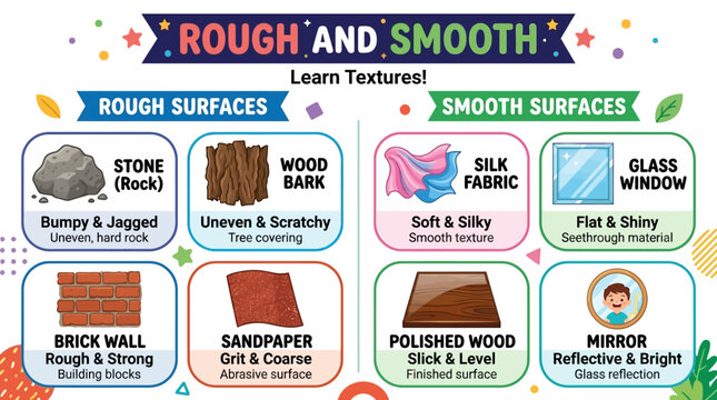 Educational texture comparison chart with various rough and smooth surfaces examples