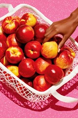 Obraz premium Hand picking a ripe nectarine from a white mesh bag over pink background for fresh summer fruit