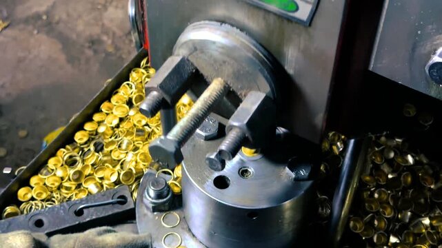 Close up of an industrial worker manually feeding brass cups into an automated press machine during the ammunition manufacturing process, showcasing the production line in a bullet factory