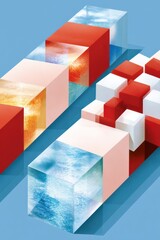 Fototapeta premium Abstract geometric cubes with water and ice textures in a modern red and blue composition