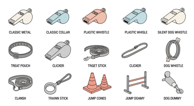 Dog Training Equipment Collection: Whistles, Collars, Clickers, Cones, Jump