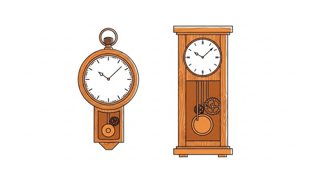 Antique clocks illustration wall and mantel timepieces with detailed mechanisms