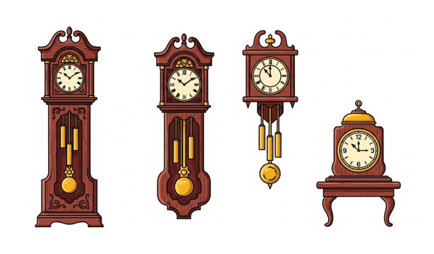 Antique grandfather clocks and mantle clock collection vintage timekeeping illustration
