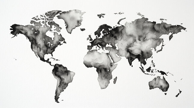 Watercolor world map illustration in monochromatic black ink. Artistic hand-drawn atlas on textured paper showing continents for global travel.