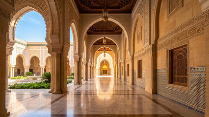 Obraz premium Spacious Islamic corridor featuring elegant arches, polished floors, warm natural lighting, and refined architectural craftsmanship. A timeless interior space showcasing beauty, symmetry, and traditio