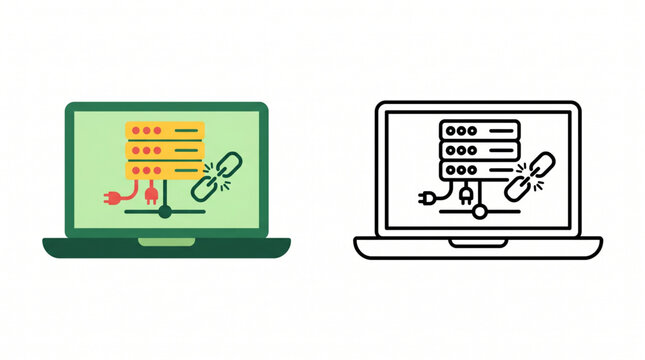 Server connection failure and network outage illustration in flat and outline style. Laptop screen displaying broken link, unplugged power and data.