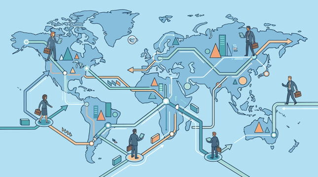 Business professionals networking globally on a world map with technology
