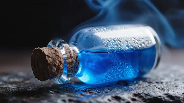 Small glass bottle with bright blue liquid and cork stopper lying on dark textured rock surface