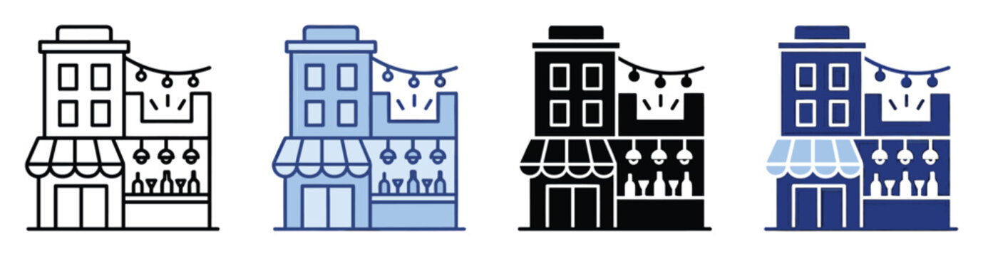Set of urban building icons. Shop, bar, cafe, and restaurant storefront symbols. Outline, filled, and colored vector graphics for business and nightlife themes.