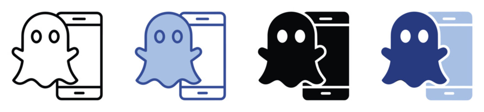 Set of ghost phone icons. Mobile ghosting, anonymous messaging, privacy symbol. Digital communication, stealth app interface. Outline, filled, solid, glyph, duotone style pictograms.