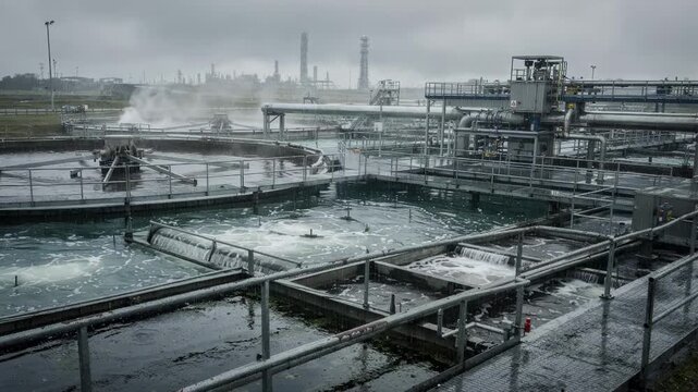 Rainsoaked medium shot of a water recycling plant with visible clarifiers and filters actively treating refinery effluents surrounded by wet surfaces and overcast skies.
