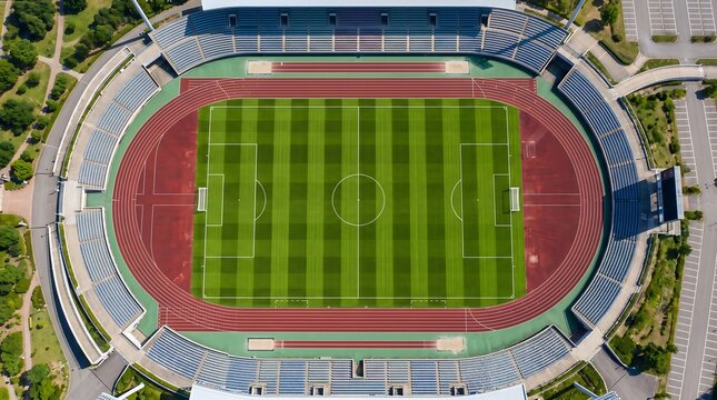 Aerial view of an empty football stadium with a running track