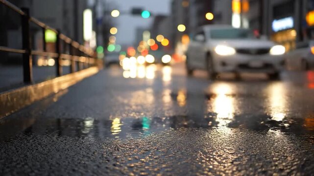 Blurred car driving on wet city street at night with bokeh light reflections