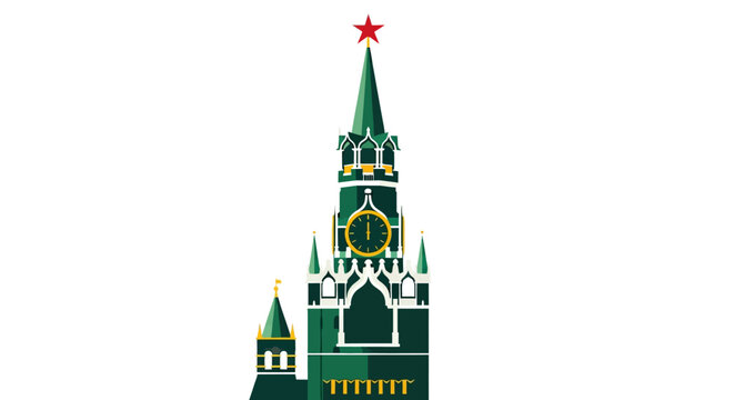 Illustrated green and gold Kremlin tower with red star.