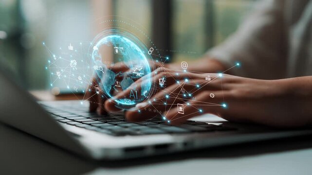 Global AI-powered digital network ecosystem connecting data, finance, analytics, ecommerce, communication, and automation across continents through technology and cloud Marrow