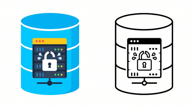 Cyber security vulnerability of a database server with a broken padlock icon. Data breach and hacker attack illustration in flat design style.