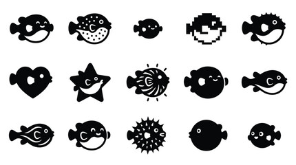 Collection of cute and stylized pufferfish icons in various shapes and forms. © yuanita