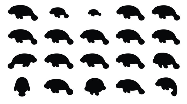 A collection of black manatee silhouettes of various sizes on a white background, illustrating a pattern.