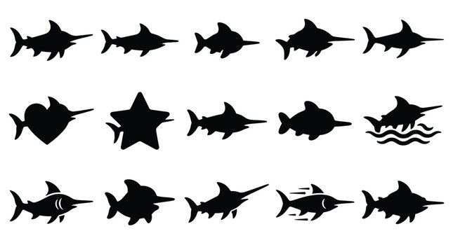 Collection of stylized black silhouettes of swordfish and marlin in various poses and shapes.