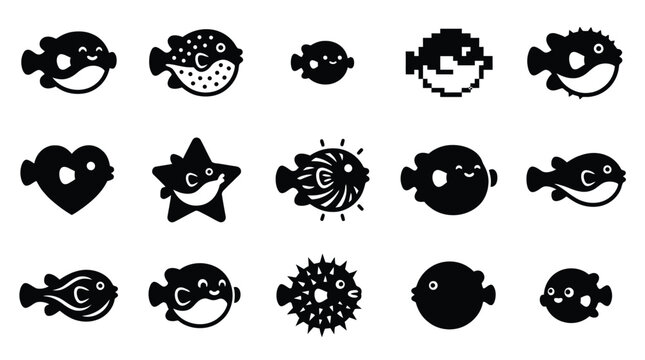 Collection of cute and stylized pufferfish icons in various shapes and forms.