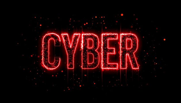 Glowing red "CYBER" text against a black background, with a glitching, digital-style aesthetic and scattered particles