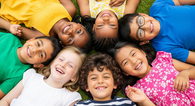 Joyful group of children smiling on grass perfect for cheerful summer childhood concepts and happy outdoor friendship plan