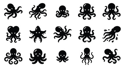 Collection of various black octopus icons and illustrations on a white background. © yuanita