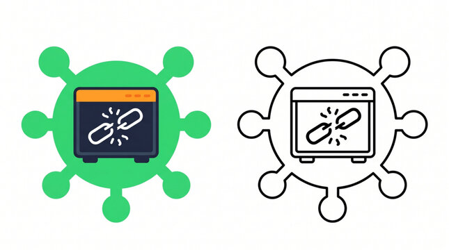Virus has infected the network connection. Illustration in flat design style. A computer with a broken chain link inside a virus. Malware attack.