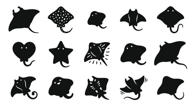 Collection of stylized black silhouettes of various stingrays and manta rays in different shapes and poses.